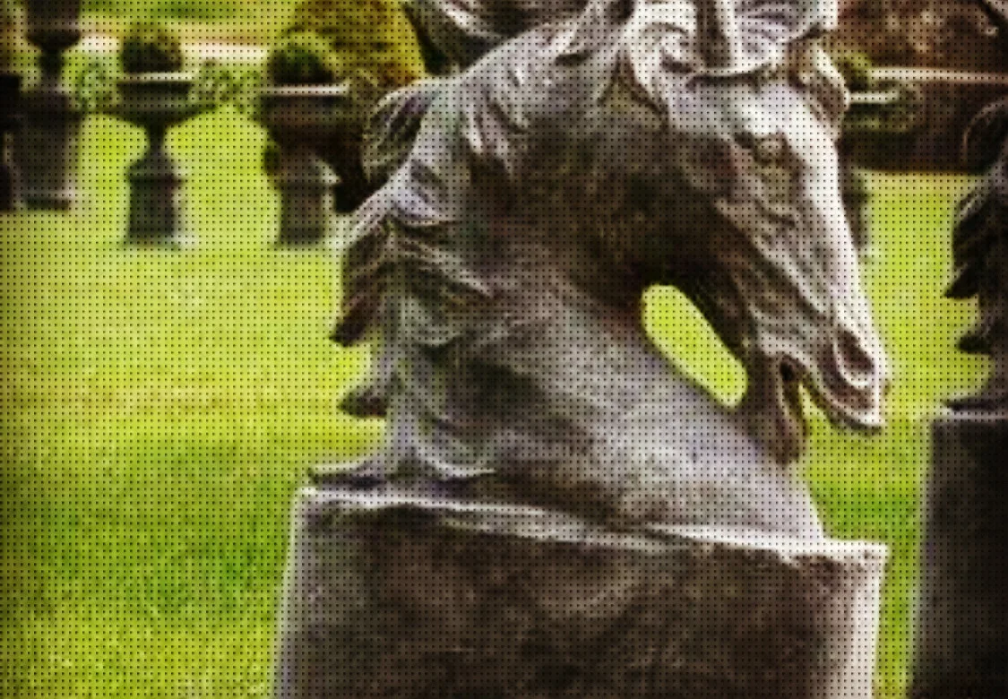 Tête de cheval en fonte, au milieu des vases.
